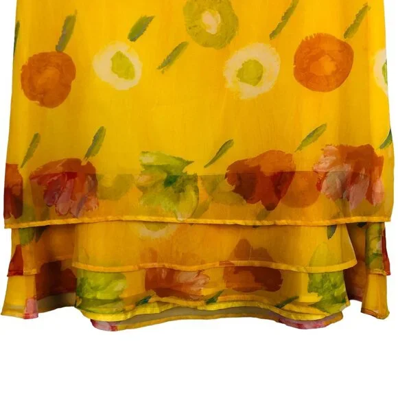 Vtg Byer Studio Women's Sheer Dress Size 14 Floral Print Yellow 3-Tiered Hem - Picture 10 of 12